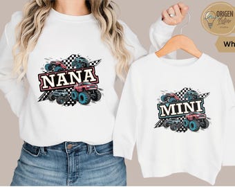 Nana and Mini Matching Monster Truck Shirts Hoodies or Sweatshirts Racing Grandma and Grandkid Outfit Checkered Flag Off Road Truck Set