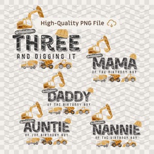 PNG-konstruktionsfödelsedagspaket svart kontur digital fil mamma pappa moster barnflicka och tre och grävande stil DIY festskjorta design