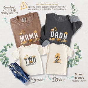 May include: A collection of construction-themed apparel, including brown and gray sweatshirts with "MAMA" and "DADA" printed on them, and off-white t-shirts with "TWO" and the number "2". The designs feature construction vehicles.