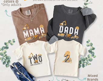 Puede incluir: Una colección de ropa con temática de construcción, que incluye sudaderas marrones y grises con "MAMA" y "DADA" impresos, y camisetas color crema con "TWO" y el número "2". Los diseños presentan vehículos de construcción.