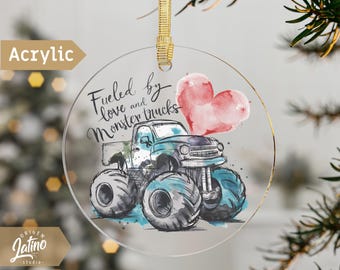 Monster Truck Christmas Ornament, Personalized Christmas Ornament, watercolor,  fueled by love and monster trucks, monster trucks lover