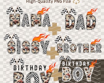 PNG Bundle mama dad sissy and Birthday Boy Monster Truck Racing Birthday Checkered Flags Digital Download Race Car Party Sublimation Design