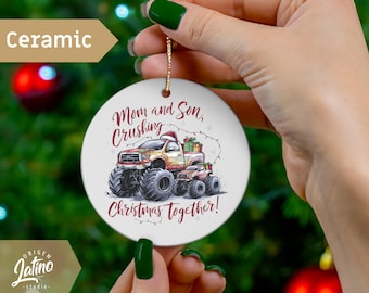 mommy and son Monster Truck Christmas Ornament, Personalized Christmas Ornament, watercolor, monster trucks lover