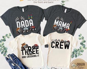Monster Truck 3 Birthday Boy Family Matching pit crew Shirts Custom Bday Party Sweatshirt Three and crushing It crew crushin it truck custom