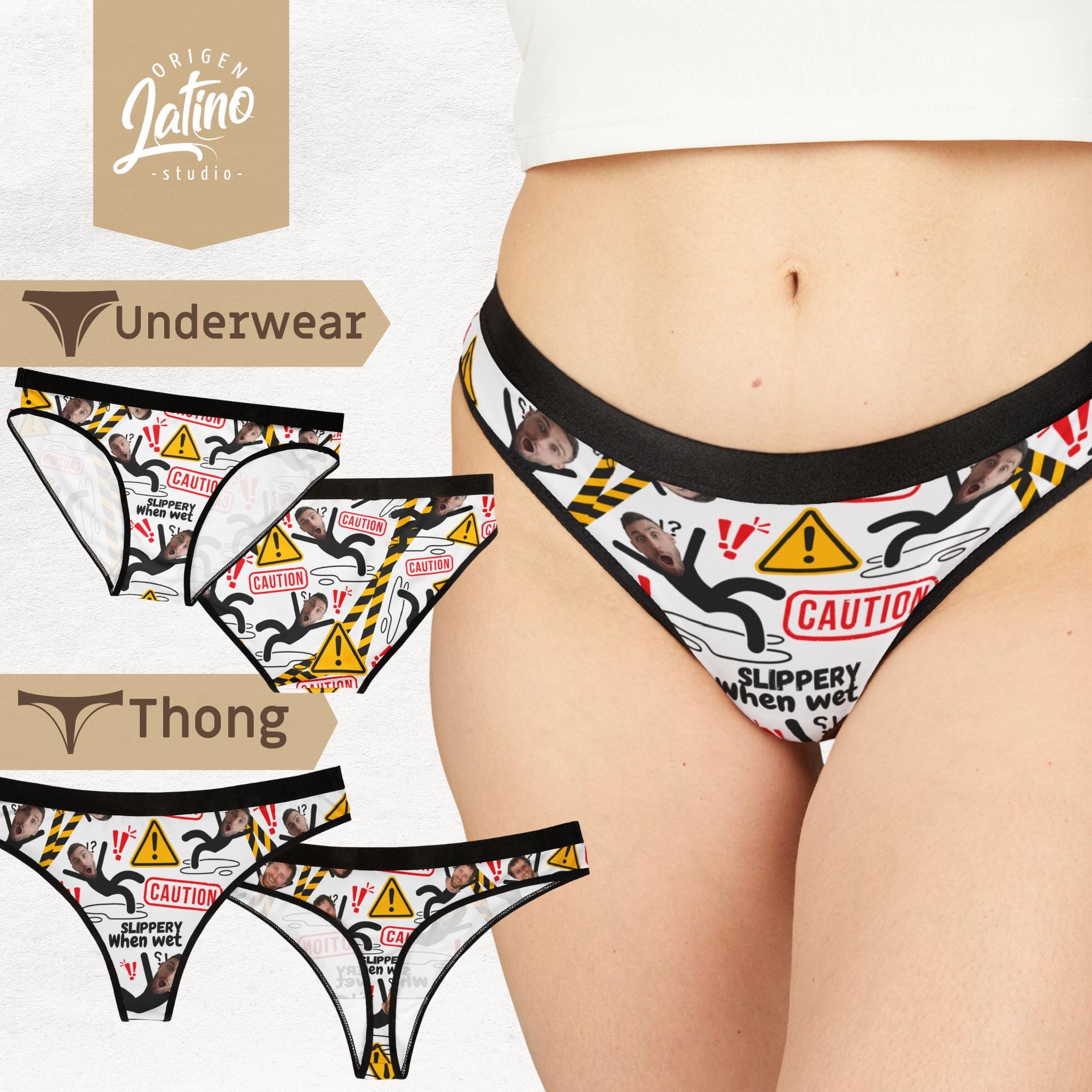 Custom Photo fun Underware Caution Slippery When Wet Birthday Anniversary Funny Gift For her Personalized Women's Novelty Briefs wife girlfr