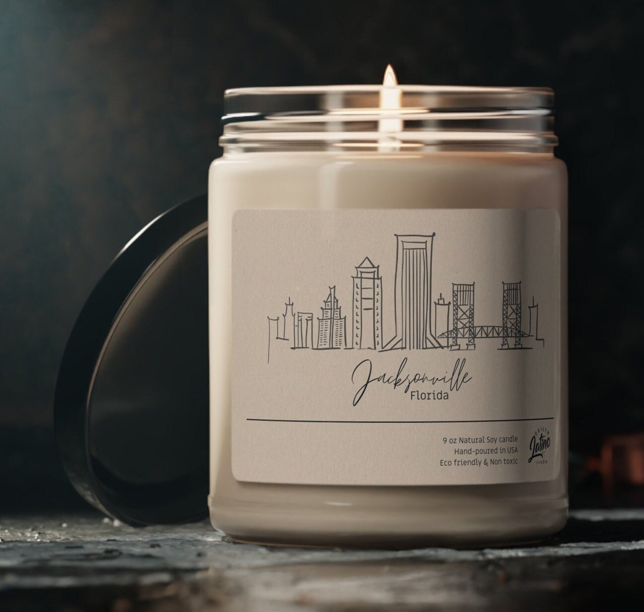 Jacksonville Skyline Soy Candle 9 oz Vegan Jacksonville Florida Souvenir Housewarming gift wedding present city candle decor