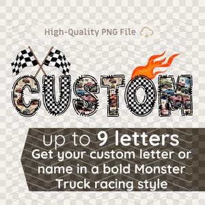 Letra de caminhão monstro personalizada PNG arquivo digital fonte de corrida personalizada 1 a 9 letras alfabeto quadriculado nome off road contorno preto