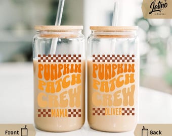 Pumpkin Patch Crew Glass Iced Coffee Sipper 11oz & 15oz Mug or Camping Mug Personalized Fall Pumpkin Picking Cups for Families or Friends