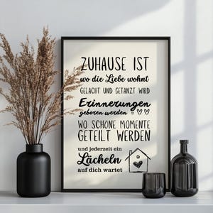 Inspirierendes Zuhause Poster "Zuhause ist, wo die Liebe wohnt, gelacht und getanzt wird, ..." – Wanddeko für Familie & Erinnerungen