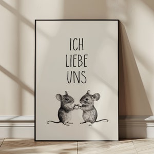 Affiche « Je nous aime » – Deux souris avec une silhouette de cœur et une citation – Citation d’amour romantique comme décoration murale élégante