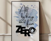 Blaues Aquarell Poster mit Spruch "All big things start from zero" | Geschenke Poster Wand Deko