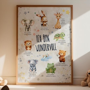 Póster infantil "Soy maravillosa": un póster inspirador y motivador con motivos de animales bebés para la habitación de los niños.