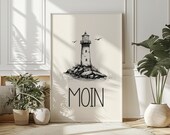 Poster: Moin mit Leuchtturm | Typo | Kunstdruck | Bild | Typografie | Spruch