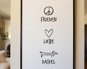 Frieden Liebe Dackel Poster Peace Zeichen Hund Wandbild Boho Hunde Kunstdruck Retro Dackel Geschenk Hundemama