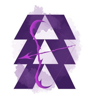 May include: A purple and white stylised image of a triangle with a bow and arrow in the centre. The bow and arrow are also purple.