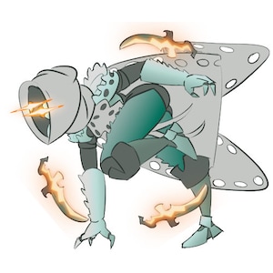 May include: A gray and teal hooded figure with glowing orange blades, wearing armor with a spotted pattern, leaps forward with a determined expression.