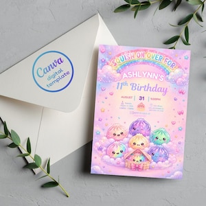 Glitter Squishy Birthday Party Invitation, Cute Kawaii Birthday Invitation, Glitter Squishy Dumpling, Girl Party Invite, Editable Canva PDF