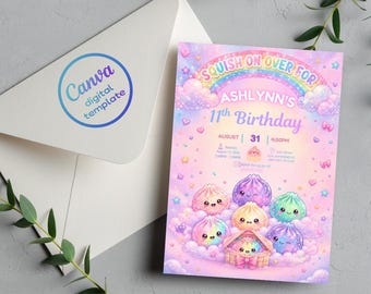 Glitter Squishy Birthday Party Invitation, Cute Kawaii Birthday Invitation, Glitter Squishy Dumpling, Girl Party Invite, Editable Canva PDF