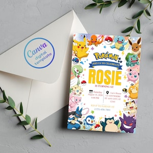 Puede incluir: Una tarjeta de invitación de cumpleaños rectangular con varios personajes Pokémon coloridos, el texto "JOIN US TO CELEBRATE ROSIE IS TURNING 12!", detalles del evento y un sobre blanco con el logotipo de Canva.