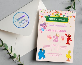 Sesame Street Invite | Editable Pink Birthday Invitation Template for Kids