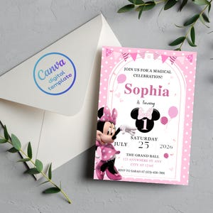 Minnie Mouse Invite | Editable Pink 1st Birthday Invitation Template