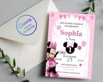 Minnie Mouse Invite | Editable Pink 1st Birthday Invitation Template