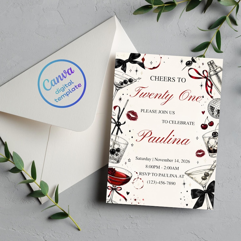 Editable 21st Birthday Invitation Template | Canva Digital Download image 1