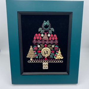 Handmade framed vintage Christmas jewelry art framed Christmas tree brooches vintage jewelry art wall decor