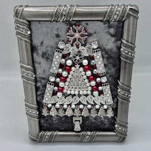 Vintage jewelry art Christmas tree framed jewelry wall decor