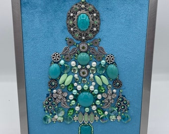 Framed Antique Jewelry Tree Artwork wall decor turquoise tree