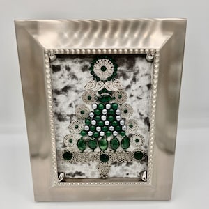 Handmade jewelry art framed vintage jewelry art Christmas tree framed jewelry silver and green jewelry art