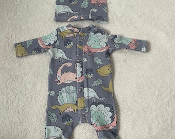 Dinosaur Pajamas - Size Preemie - Reborn Doll Clothes