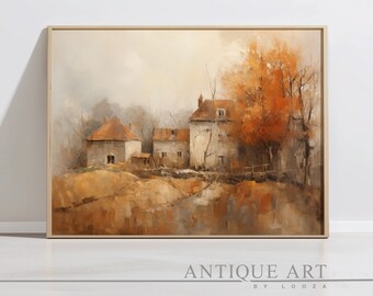 DRUCKBAR Land Ölgemälde Vintage Landschaft Druck | Vintage Bauernhaus Art Decor, rustikale Landdruck | Digitaler Download | AV002