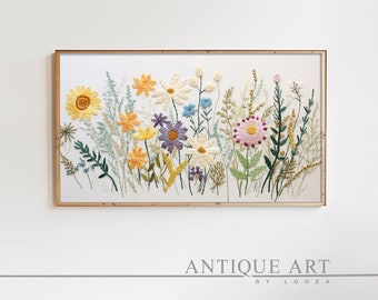 Spring Frame TV Art Bundle | Instant Download | Wildflower Floral Embroidery Textured Art for TV Digital Download | Flowers for Spring EM003
