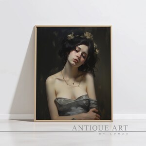 May include: A painting of a woman with dark hair and a crown of white flowers. She is wearing a gray dress and has a sad expression on her face.