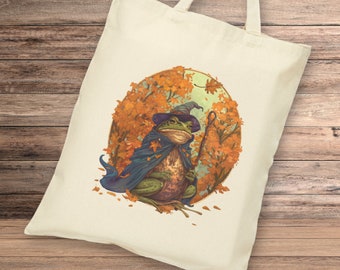 Wizard Frog Cotton Tote Bag - Fantasy - Whimsical - Cottagecore - Toad bag - Magic - Perfect gift - Aesthetic - Cute - Autumn