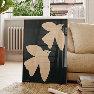 Arte de parede de pássaros abstratos - Arte de parede preta e bege, impressão de arte abstrata, impressão minimalista moderna, arte de parede de sala de estar preta da moda para impressão