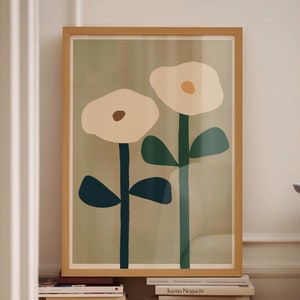 Pintura de parede com flores desenhadas à mão para impressão, impressão de flores abstratas, arte floral, decoração moderna para casa, pôster botânico, arte de parede verde-sálvia