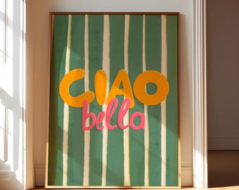 Ciao Bella-poster, saliegroene muurkunst streepprint, preppy esthetische keuken muurkunst, dopamine decor, trendy muurkunst, retro afdrukbare kunst