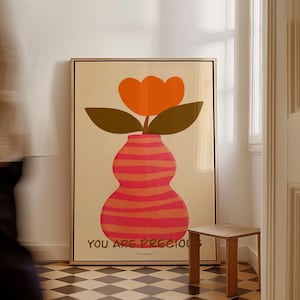 Impresión de jarrón de tulipán dibujada a mano - Arte de pared de flores abstractas, póster de tulipán naranja, arte de pared de jarrón, impresión floral, impresión abstracta, arte imprimible