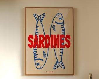 Impression de sardines - art mural poisson rétro, décoration de cuisine côtière, téléchargement numérique