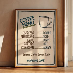 Impressão de cardápio de café - pôster de café, impressão de expresso, decoração de cozinha moderna, decoração de cafeteria, arte de parede de café retrô, arte de parede de cozinha para impressão