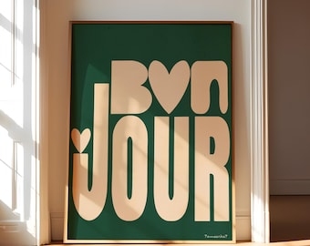 Franse muurkunst Bonjour: groene typografieprint, digitale download
