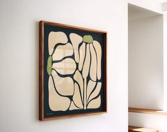 Abstract Flowers Wall Art - Large Abstract Print, Modern Square Wall Art, Floral Printable Black Beige Botanical Art Print, Digital Download