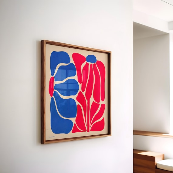 Hand-Drawn Abstract Flowers Wall Art - Red Blue Flowers Print, Modern Wall Art, Flower Painting, Neutral Wall Art, Square Wall Art Printable