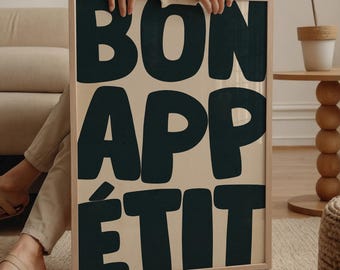 Bon Appetit Print - Dining Room Wall Art Printable, Black Kitchen Decor, Digital Download