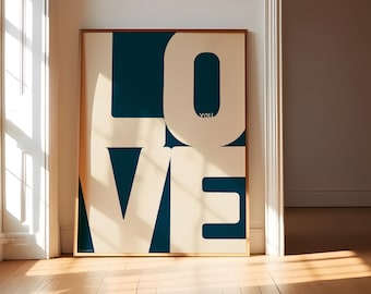 Love You Art Print - Trendy Retro Wall Art, Navy Blue Love Print Aesthetic Typography Elegant Wall Art Preppy Wall Art Love Poster PRINTABLE