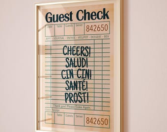 Cheers Salud Cin Cin Print - Trendy Bar Cart Wall Art, Aesthetic Guest Check Wall Art, Guest Check Print Happy Hour Retro Wall Art Printable