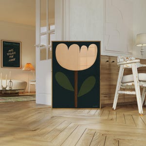May include: A digital art print of a stylized flower with a peach-colored blossom and green leaves on a dark blue background.