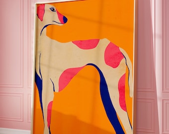 Arte mural de galgo rosa: impresión abstracta de perro, arte mural colorido de perro, decoración de dopamina, póster de animales juguetones para decoración del hogar, arte imprimible de perros